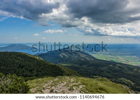 soft focus summer colorful nature mountain landscape concept from above with view to ocean island field and horizon lane