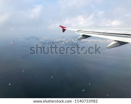 View from airplane window in flight