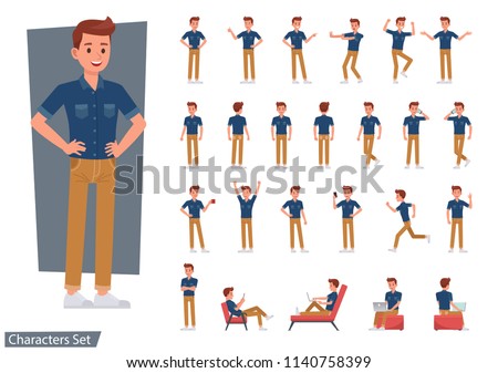 Set of man wear blue jeans shirt character vector design. Presentation in various action with emotions, running, standing and walking. Royalty-Free Stock Photo #1140758399