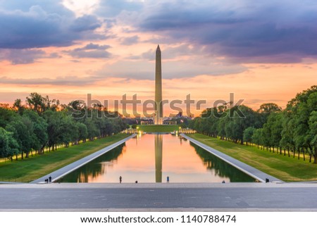 Washington Monument on the Reflecting Pool in Washington, DC, USA at dawn. Royalty-Free Stock Photo #1140788474