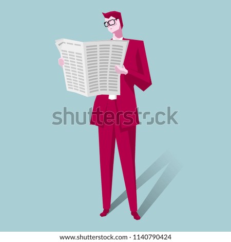 The businessman is reading the newspaper. The background is blue.