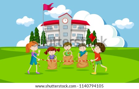 Young children having a potato sack race illustration