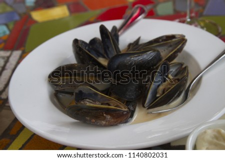 Freshly steamed mussels in white dish offer an appealing and healthy presentation