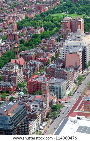 Boston city downtown aerial view with urban historical buildings.