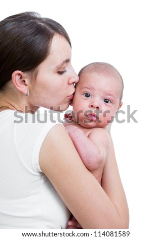 mother kissing her  infant baby boy isolated