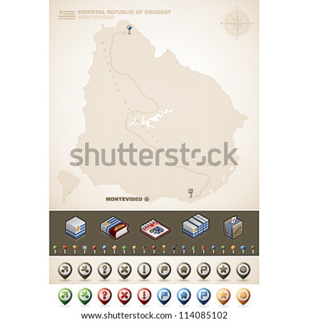 Oriental Republic of Uruguay and South America Maps, plus extra set of isometric icons & cartography symbols set