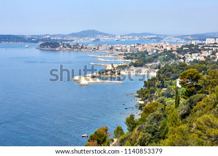 view of the port of Toulon, seyne-sur-mer and seaside of rade des vignettes  from cap brun Royalty-Free Stock Photo #1140853379