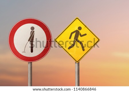 Vandalism, exhibitionist, incontinence - the man runs away from the pissing man. Road signs.