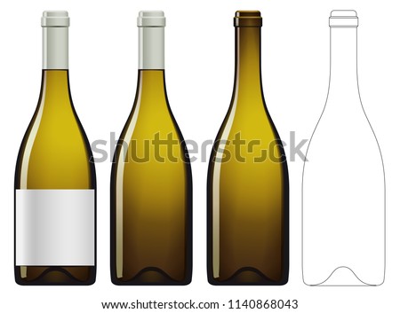 Realistic vector illustration of white wine bottle Isolated on white background. Front view of the wine bottle with label, bottle without label and linear technical drawimg of the wine bottle.
 Royalty-Free Stock Photo #1140868043