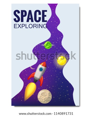 Outline outer space rocket space travel, exploration of the universe, other planets, flying rockets, stars of distant galaxies, template of flyear, magazines, posters, book cover, banners. Vector