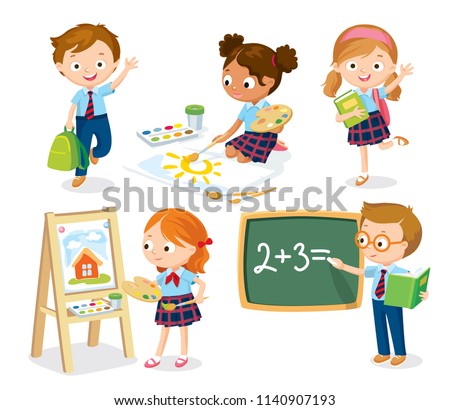 Set of pupils in uniform. Boy and girl waving hands. Girl is painting with watercolor. Boy writing on chalkboard. Vector illustration. Flat design.
