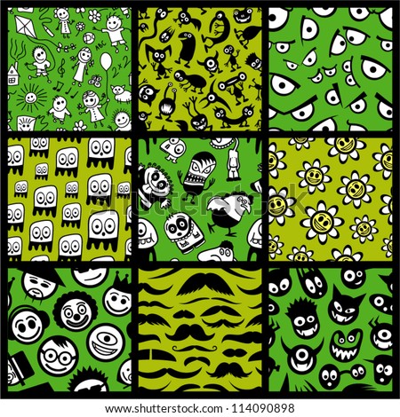 Set of funny green seamless patterns.