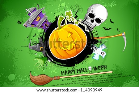 illustration of halloween background with pumpkin, skull and haunted house