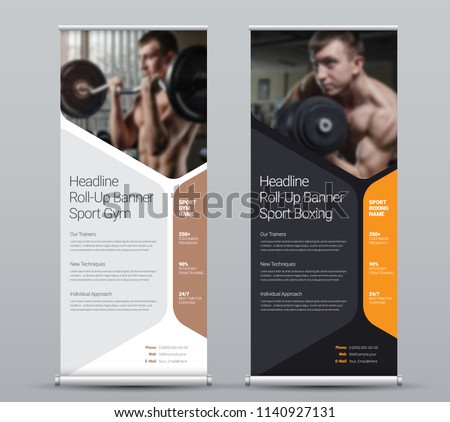 Template of vertical roll-up banner with hexagonal elements for a photo. Black and white Design flyer for business and advertising, a sample for gyms. Vector illustration Royalty-Free Stock Photo #1140927131