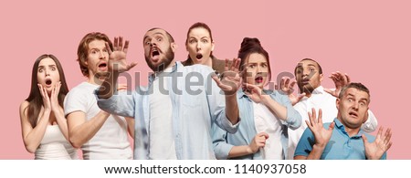 Group of frightened people, woman and man stressful keeping hands on head, terrified in panic, shouting. Collage Royalty-Free Stock Photo #1140937058