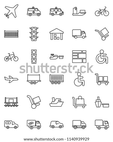 thin line vector icon set - bike vector, Railway carriage, plane, traffic light, ship, truck trailer, sea container, delivery, car, port, consolidated cargo, warehouse, disabled, amkbulance, trolley