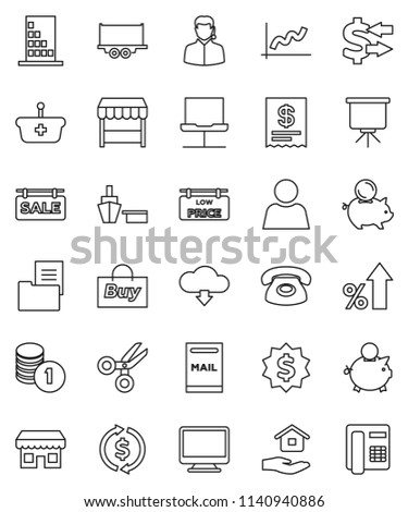 thin line vector icon set - house hold vector, scissors, presentation, exchange, graph, percent growth, piggy bank, coin stack, dollar medal, truck trailer, port, notebook network, cloud download