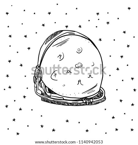 Hand Drawn space helmet with star in galaxy card. Illustrations Drawing Vector Sketch for textile, print, postcard, text, invitation, poster, background, book, t-shirt, wallpaper