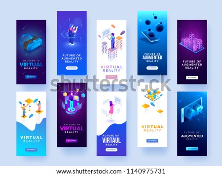 Set of splash screen mockups for virtual or augmented reality concept. Royalty-Free Stock Photo #1140975731