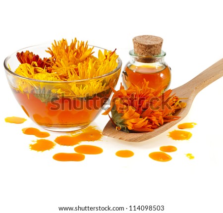 herbal calendula in the glass and drop oil Isolated white background