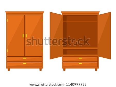 Open and closet wardrobe isolated on white background .Natural wooden Furniture. Wardrobe icon in flat style. Room interior element cabinet to create apartments design. Vector illustration Royalty-Free Stock Photo #1140999938