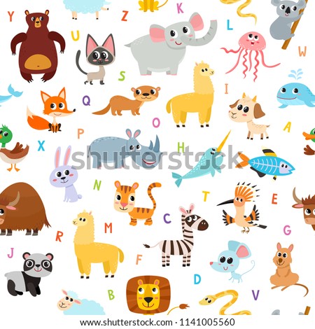 Cute cartoon animals alphabet pattern for children education isolated on white. Vector seamless used for kids magazine, children book, textile.