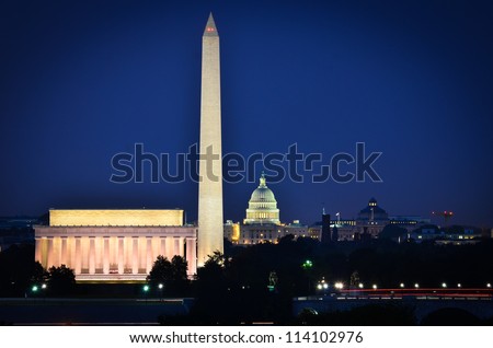 Washington DC skyline view with Lincoln Memorial, Washington Monument and US Capitol Building at night Royalty-Free Stock Photo #114102976