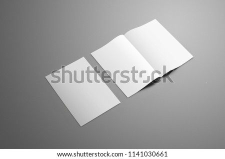 Business  mockup with two  A4, (A5) bi-fold brochure with realistic  shadows isolated on gray background. One booklet is closed the second is open on the spread. Template can be used for your showcase