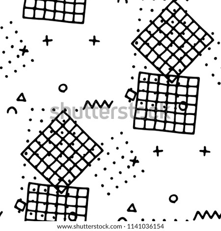 Vintage Memphis Pattern. Seamless Background for Wallpaper, Print, Textile in Trendy Style. Colorful Geometric Pattern with Hand Drawn Scribble Elements. Black and White Triangles, Zigzags and Dots.