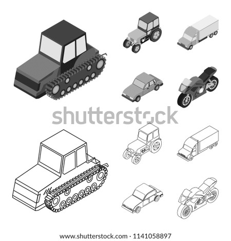 Tractor, caterpillar tractor, truck, car. Transport set collection icons in outline,monochrome style vector symbol stock illustration web.