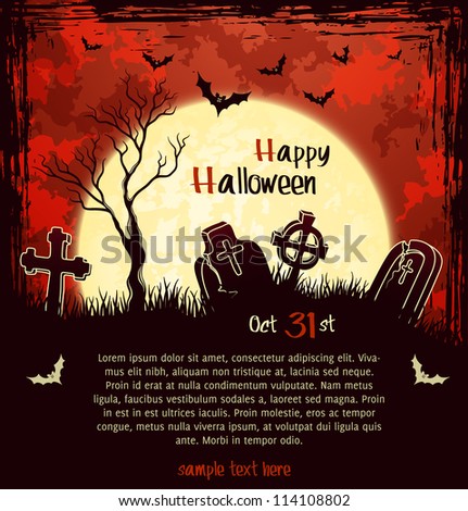 Red grungy halloween background with full moon, tombstones and bats. Vector Illustration.