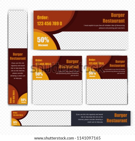 Creative Design For Food Web banner Set of different standard sizes. Templates with place for photos, buttons. Vector illustration. Eps 10.