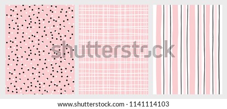 Hand Drawn Childish Style Seamless Vector Pattern. Pink and Black Vertical Stripe on a White Background. White Grid On a Pink Backround. White and Black Dots on a Pink Background. Cute Simple Design.