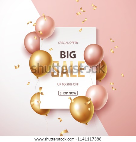  Sale banner with pink and gold floating balloons. Vector illustration.