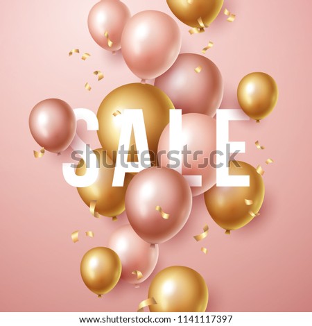  Sale banner with pink and gold floating balloons. Vector illustration.