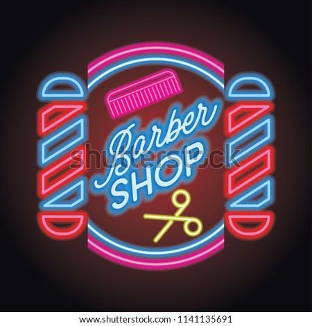 barber shop logo with with neon light effect, vector illustration