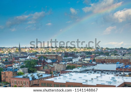 View of a rainbow over Upper Fells Point, Baltimore, Maryland