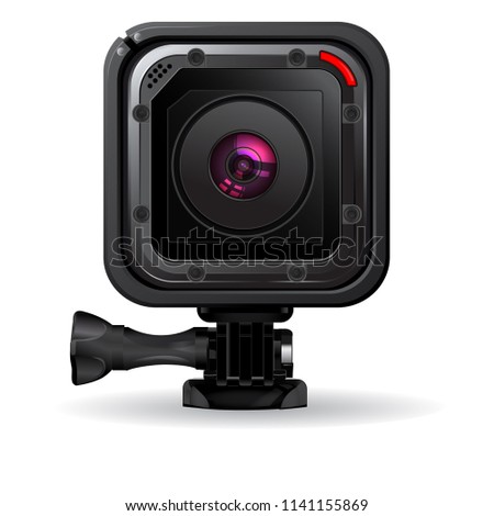 Action video camera in waterproof box. Gear for filming extreme sports. Realistic vector image isolated on white background  Royalty-Free Stock Photo #1141155869