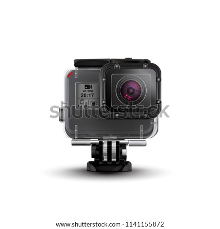 Action video camera in waterproof box. Gear for filming extreme sports. Realistic vector image isolated on white background  Royalty-Free Stock Photo #1141155872