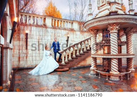 Bride and groom holding hands, climb stone stairs, on street, in autumn