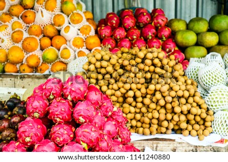 fruits on street market for tourist, mango, orange, Longkong, Longan, Lychee, Apple,Dragon fruit