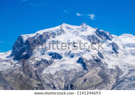 Amazing view on Pennine Alps range in Swiss Alps on good wheather, most famous mountain in Europe.  Best place for active life, hiking, trekking and climbing in Switzerland.
