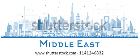 Outline Middle East City Skyline with Blue Buildings Isolated on White. Vector Illustration. Dubai, Kuwait, Abu Dhabi, Doha, Jeddah. Travel and Tourism Concept with Modern Architecture. Royalty-Free Stock Photo #1141246832