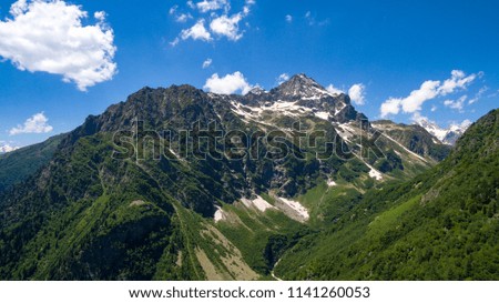 tops of mountains with greens and snow
