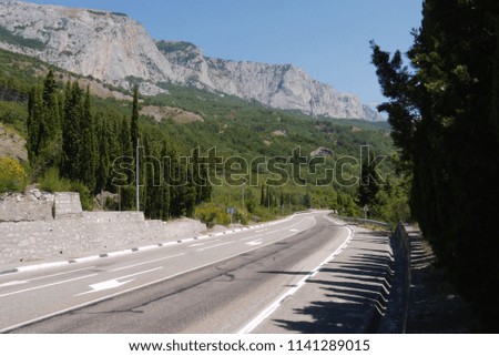 long road against the background of huge mountains surrounded by trees