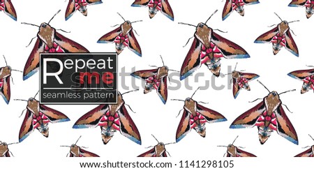 Seamless pattern with embroidery night butterfly. Fashion patch background with insects. 