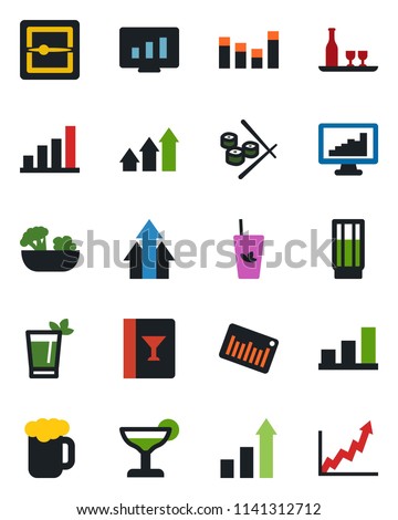 Color and black flat icon set - growth statistic vector, monitor, barcode, equalizer, scanner, statistics, bar graph, alcohol, wine card, drink, cocktail, phyto, beer, salad, sushi, arrow up