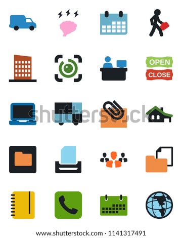 Color and black flat icon set - notepad vector, brainstorm, manager place, calendar, car delivery, consolidated cargo, folder document, laptop pc, call, eye id, paper clip, tray, house with garage