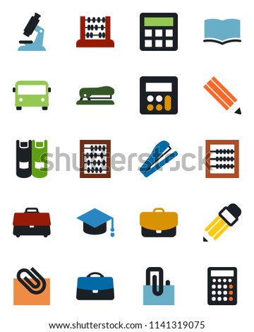 Color and black flat icon set - airport bus vector, book, graduate, abacus, microscope, calculator, case, paper clip, pencil, stapler