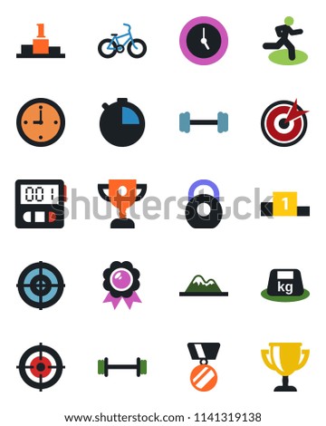 Color and black flat icon set - medal vector, barbell, bike, run, heavy, clock, stopwatch, target, mountains, pedestal, award cup